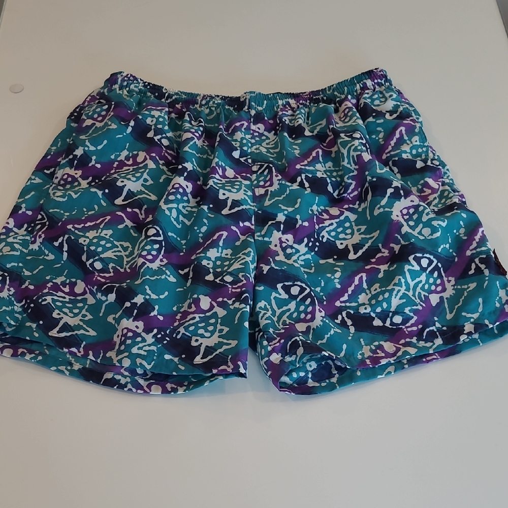 LIKE NEW VTG 80s Weekends Beachwear Teal/Purple/White Elastic Wasit Swim Shorts